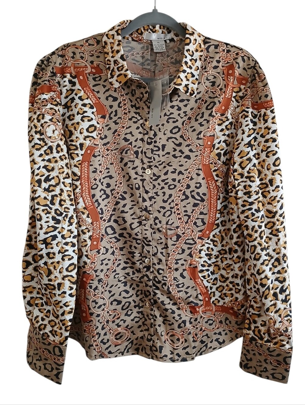 NEW WD.NY Satin Equestrian Leopard Button Up Blouse Women's XL Baroque Chain
